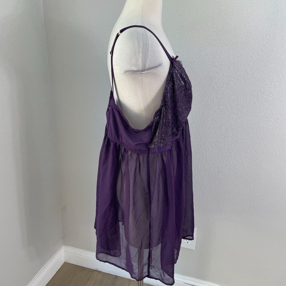 NEW Cacique Womens Plus 22/24 Purple Metallic Sheer Lace Babydoll Lingerie Set - Picture 11 of 14